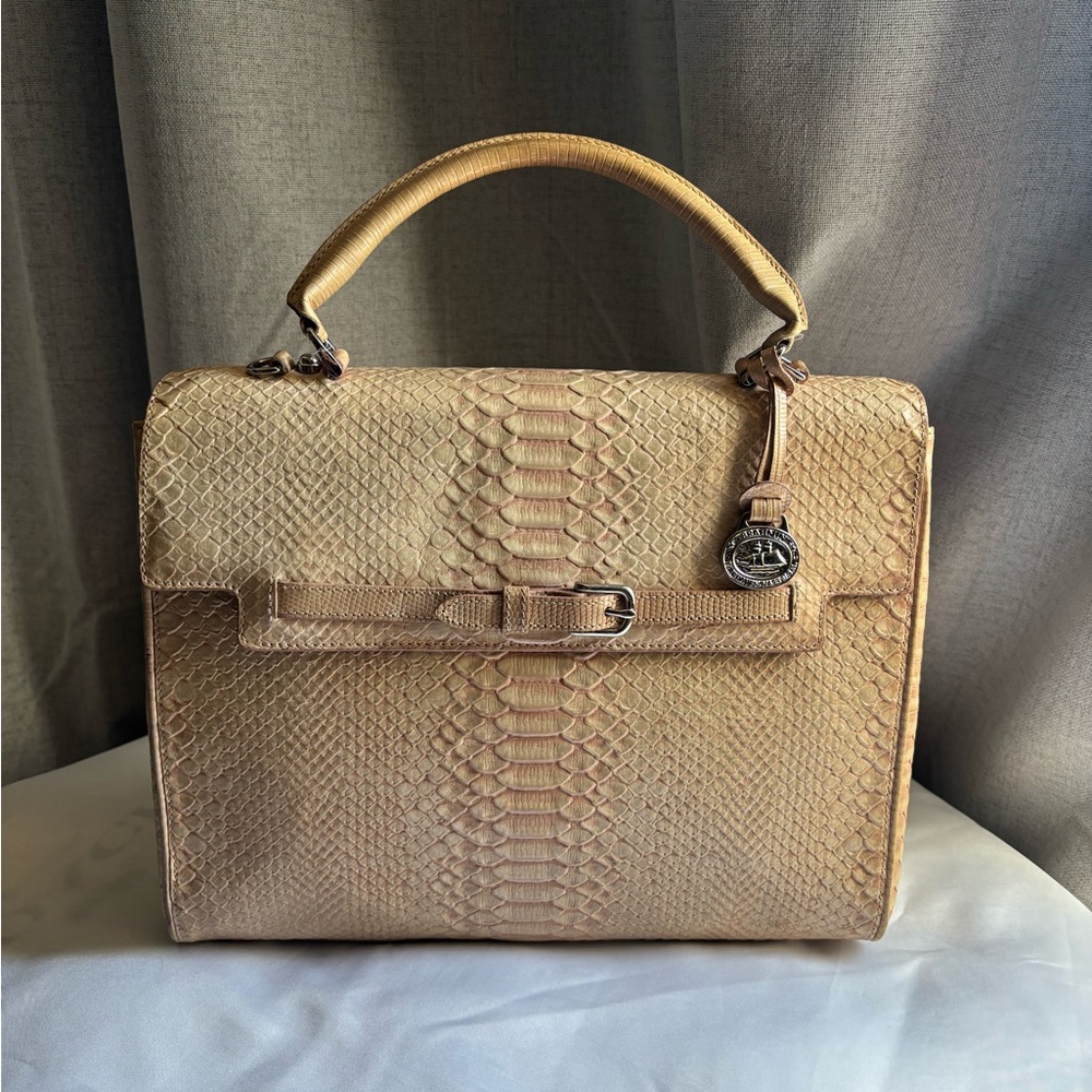 Brahmin Beige Python-Embossed Top-Handle Satchel